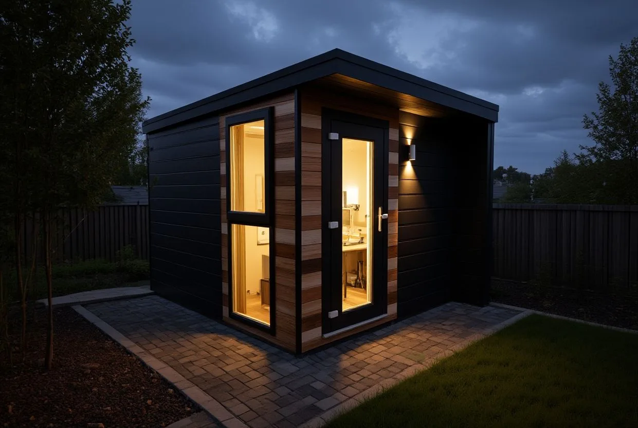 Micro garden office lit up at night
