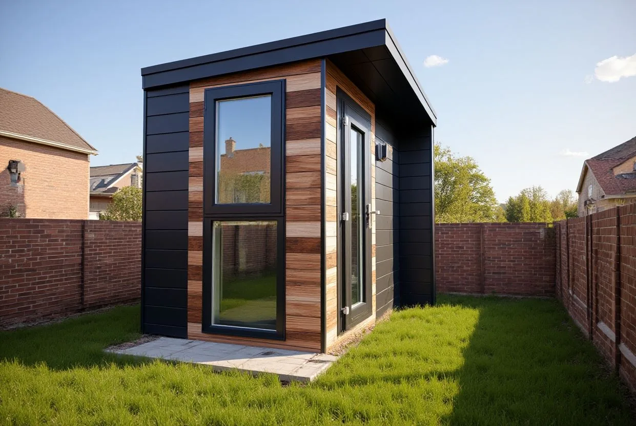Micro garden office set between red brick garden walls