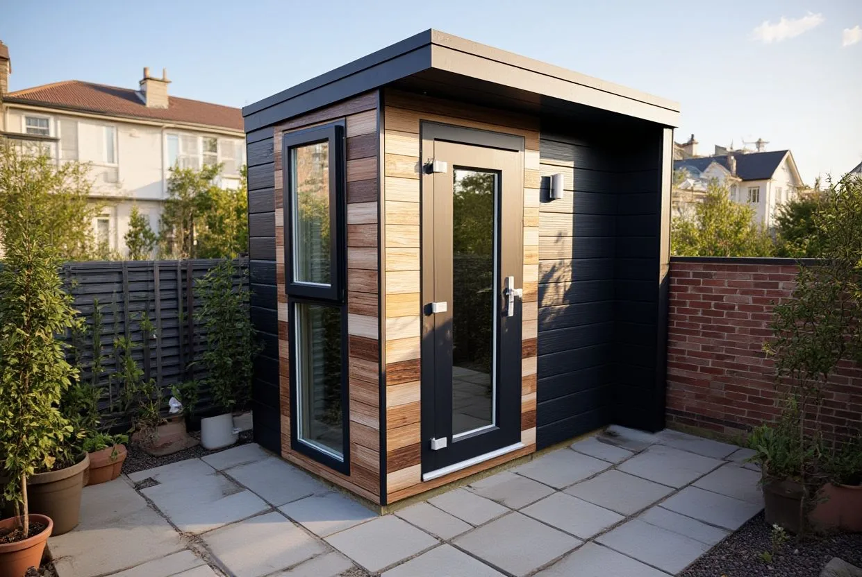Micro garden office on a paved patio surrounded by plants